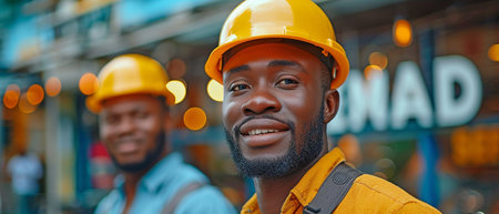 Wearing hard hats for safety, the two diverse male engineers in the team were working, checking the outside of the construction site, conversing, and debating.の素材