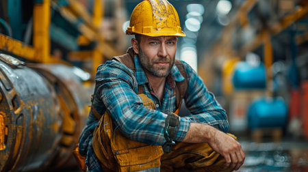 Photograph of a male engineer or worker at a plant, with a safety hard hat, suffering from a knee injury or other risky accidentの素材