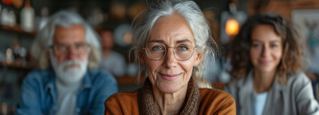 Happy elderly individuals in a portrait seated in an indoor nursing facility, with a doctor smiling broadly and addressing mental health issues while facing the camera.の素材
