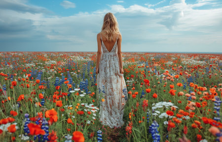 Back view of a long-dressed, white woman in a flower field clutching her dressの素材