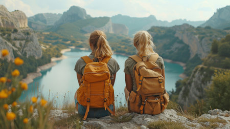 A gorgeous view is enjoyed by two young ladies.の素材