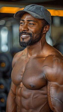 An handsome thirty-year-old man with strong triceps, broad shoulders, and massive biceps is smiling and working out every day.の素材