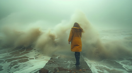 woman on the seaside during a stormの素材