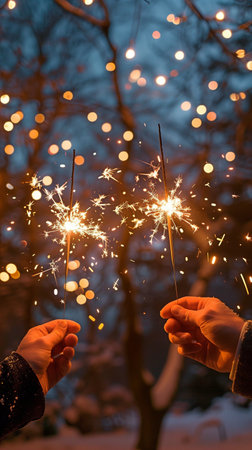 romantic love concept of life with a close-up of hands celebrating at night with firecrackersの素材