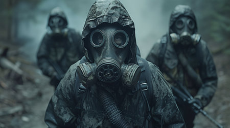 Friends from different cultures escaping from strange persons in ppe suits and gas masks in an escape roomの素材