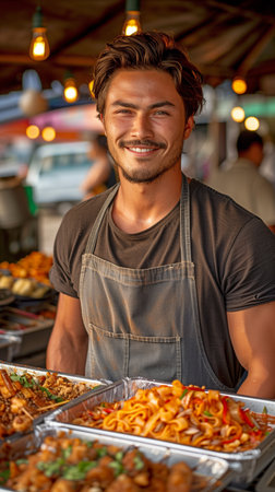 A young local man smiles as he stands behind his street food stand. Thai food is sold by a man on the street in the market.の素材