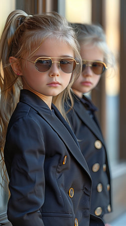 In front of a business centre are three small, serious, and stylish girls wearing business suits and sunglasses.の素材