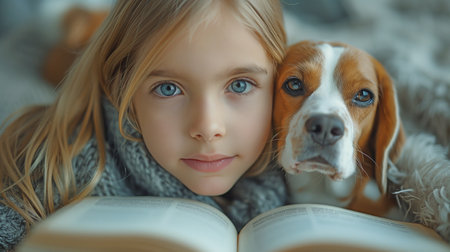 Adorable young child in the bedroom with a book and a Beagle puppySad small kid and female psychologist at the officeの素材