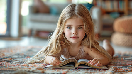 Little girl at home, reading a book on the floorの素材