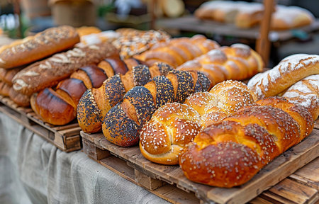 Various varieties of freshly baked bread available at a market standの素材