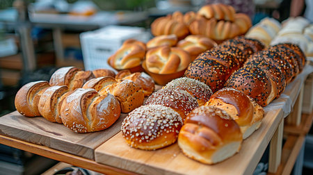 Various varieties of freshly baked bread available at a market standの素材