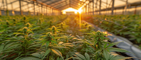 Scientist in a marijuana greenhouse inspecting hemp plants. Idea of complementary and alternative herbal medicineの素材