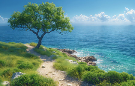 a trail and tree in a maritime landscape. Cycle and walkway for pedestriansの素材
