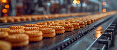 Automated conveyor line for waffle cookie manufacture, contemporary bakery industrial procedureの素材