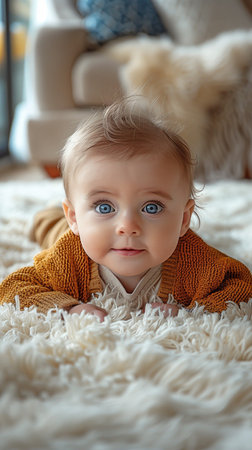 Funny newborn boy portrait indoors at home with a white carpet backdropの素材