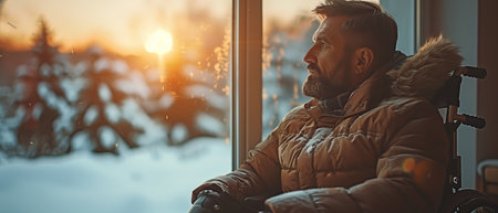 Sitting in a wheelchair and staring out the window was a large, obese man with a prosthetic limb.の素材