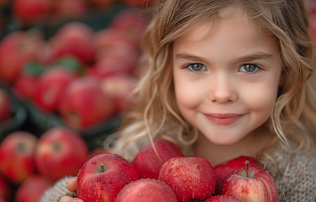 Young girl selected ripe applesの素材