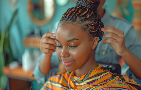 Close-up of a self-assured hair stylist braiding the hair of a young African lady in a salonの素材