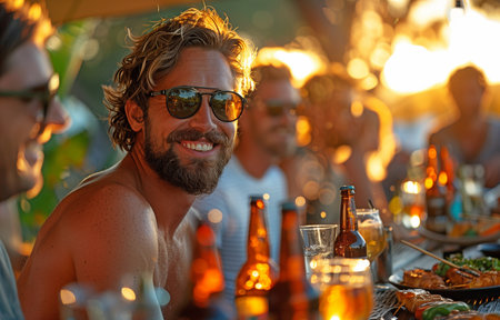 A group of young male pals enjoying beer during a backyard barbecueの素材
