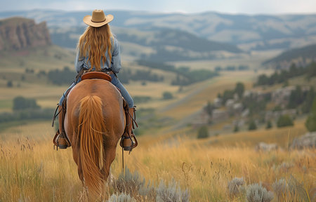 A woman mounts a horse on a ranch.の素材
