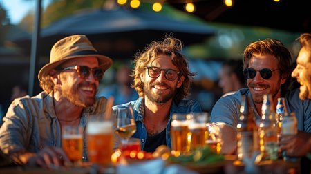 A group of young male pals enjoying beer during a backyard barbecueの素材
