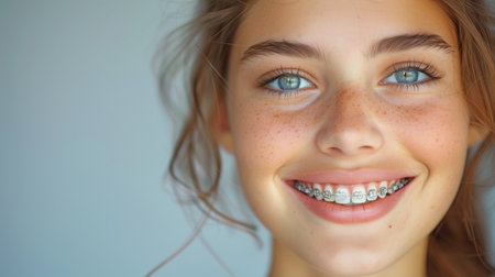 The youthful lovely brunette woman's braces are clearly visible on her face.の素材