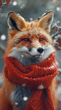A charming fox dressed for the holidays with a snowy woodland in the backgroundの素材