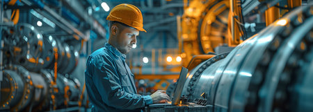 an engineer carrying a laptop A programmable logic controller is in charge of a large, fully automatic machine.の素材