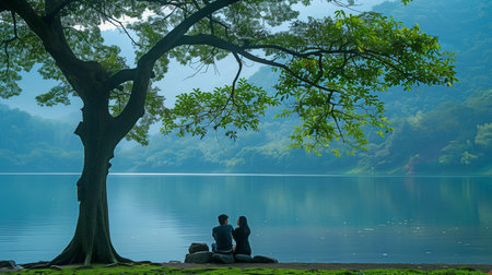 A pair conversing beneath a lake treeの素材