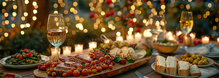 opulent cuisine, dining, and women conversing at a social gathering to celebrate a holiday at nightの素材