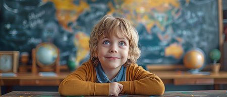 Child in classroom with chalkboard backgroundの素材