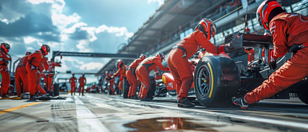 Racing crew providing racing attention at the pit stop during a daytime competitionの素材