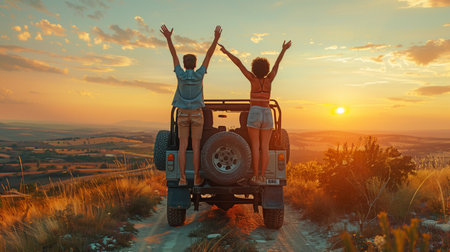 Excited gathering of individuals for a voyage, travel, or vehicle conveyance with their hands in the airの素材