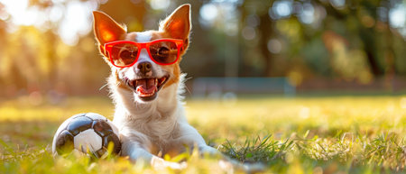 Chihuahua playing football in the park, clutching a ball, grinning heartily and wearing red shadesの素材