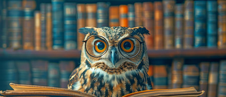 a glass-wearing, literary owl against the backdrop of a massive libraryの素材