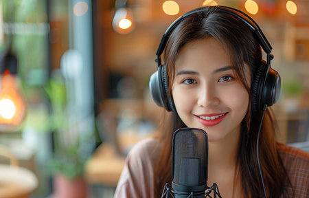 A young Asian woman records a podcast interview for radio while using microphones, headphones, and a laptop.の素材