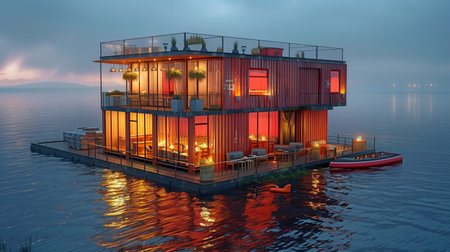 A restaurant atop a floating platform made out of many shipping containers that provides a distinctive waterfront eating experience.の素材