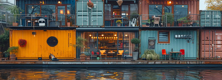 A restaurant atop a floating platform made out of many shipping containers that provides a distinctive waterfront eating experience.の素材