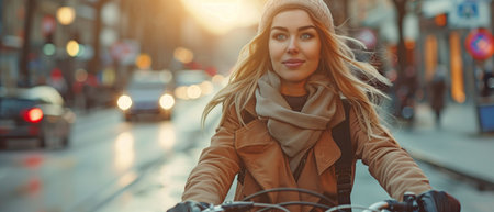 Gorgeous woman riding a bike in the metropolisの素材