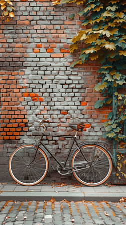 Vintage brick wall backdrop with a retro bicycle by the side of the roadの素材