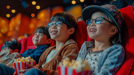 A happy Asian family travelling together, enjoying a nice movie at the theatre while snacking on popcornの素材