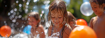 A happy scene plays out as several kids play with water balloons in a relaxed backyard setting.の素材