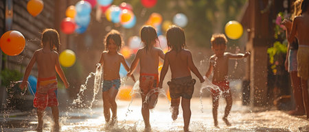 A happy scene plays out as several kids play with water balloons in a relaxed backyard setting.の素材