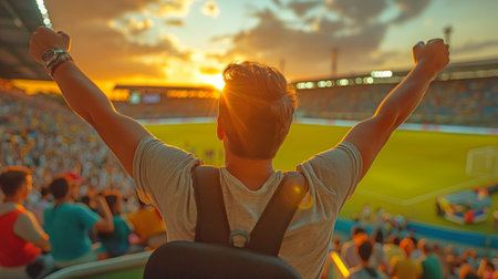 At a football match, a happy spectator displays his affection for the game by waving his arms and shouting.の素材