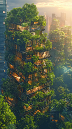 Greenery and a future cityscape combine to represent sustainable urban existence.の素材