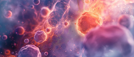 microscopic image of a cell interior, banner with an abstract background of microbiology, close-up of a microstructure, and life. notion of scienceの素材