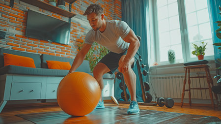Using furniture to effectively target muscle building during exercising at home is a concept of having a healthy, fit physique, as demonstrated by the athletic and active guy.の素材