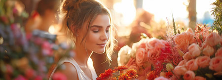 Women are selecting their wedding's floral arrangements.の素材
