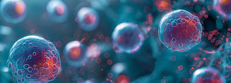 microscopic image of a cell interior, banner with an abstract background of microbiology, close-up of a microstructure, and life. notion of scienceの素材