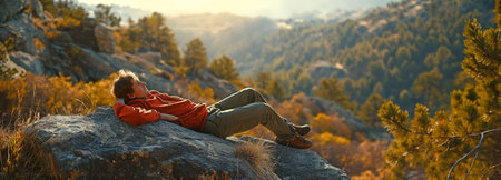 Resting on a rock in the mountain is a hiker.の素材